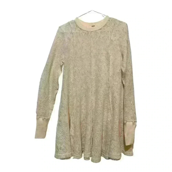 Free People Coffee in The Morning Ivory Lace Floral Tunic Top Size S Long Sleeve - Picture 1 of 12